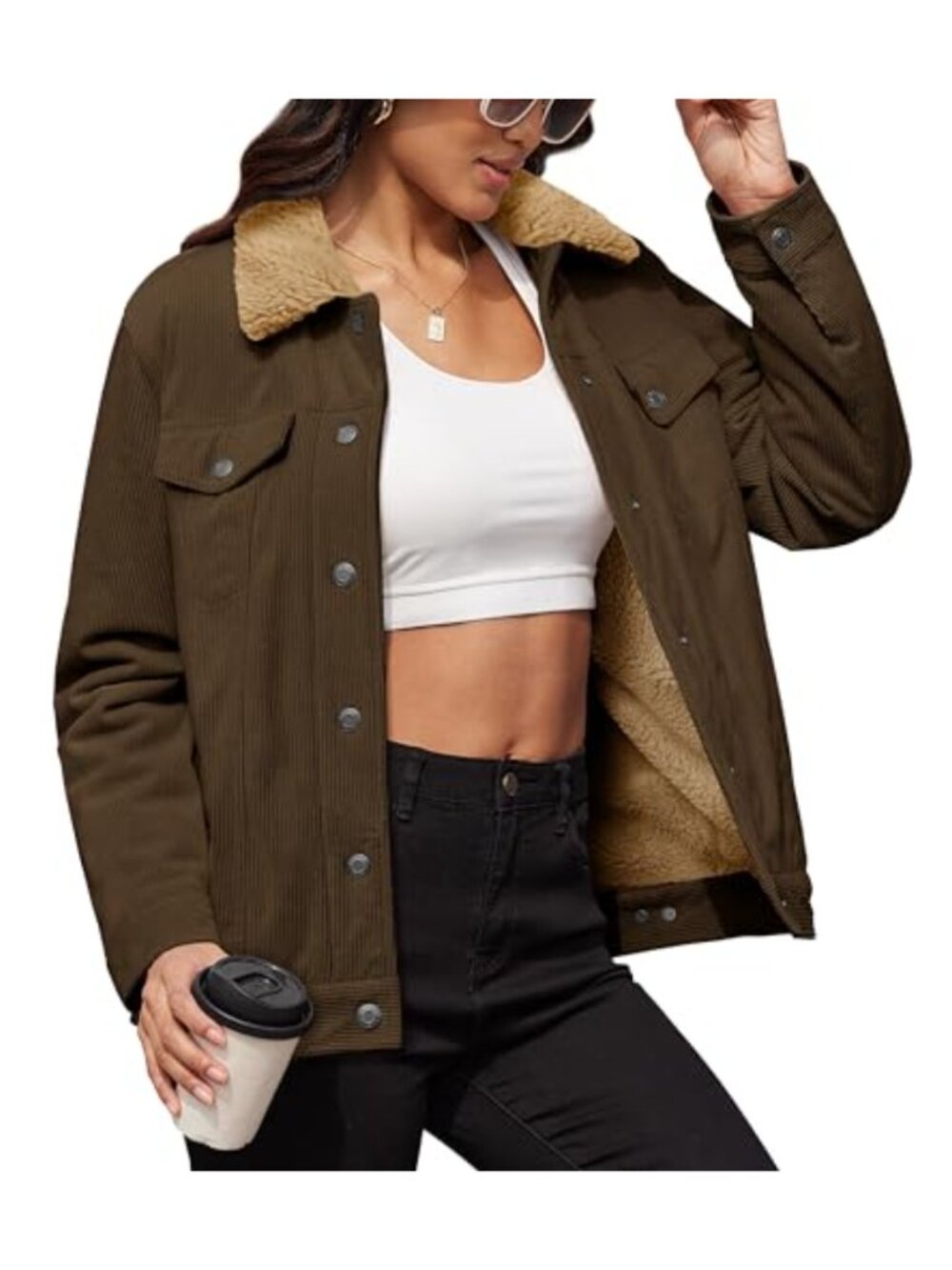 Corduroy Jacket Sherpa Fleece Lined Winter Coat Warm Button Front